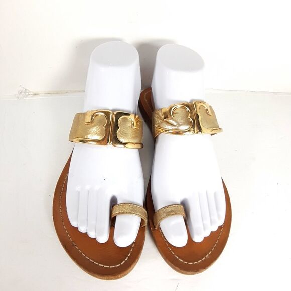 Tory Burch Women's Marcia Size 7,5M Gold Metalic Toe Ring Leather Sandals - Picture 1 of 13
